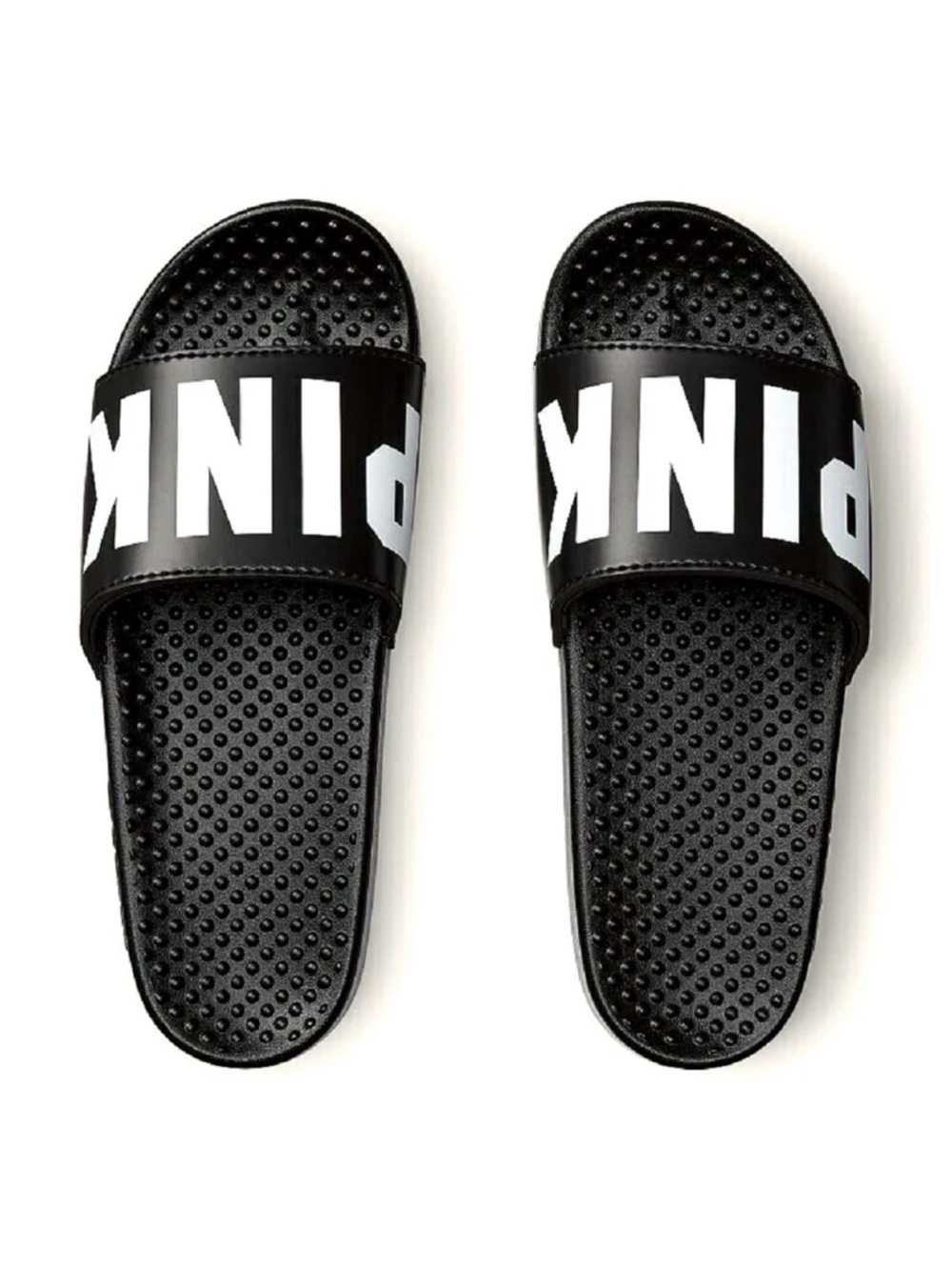 PINK Victoria's Secret Black Slides White Sans Logo Size Large NWT